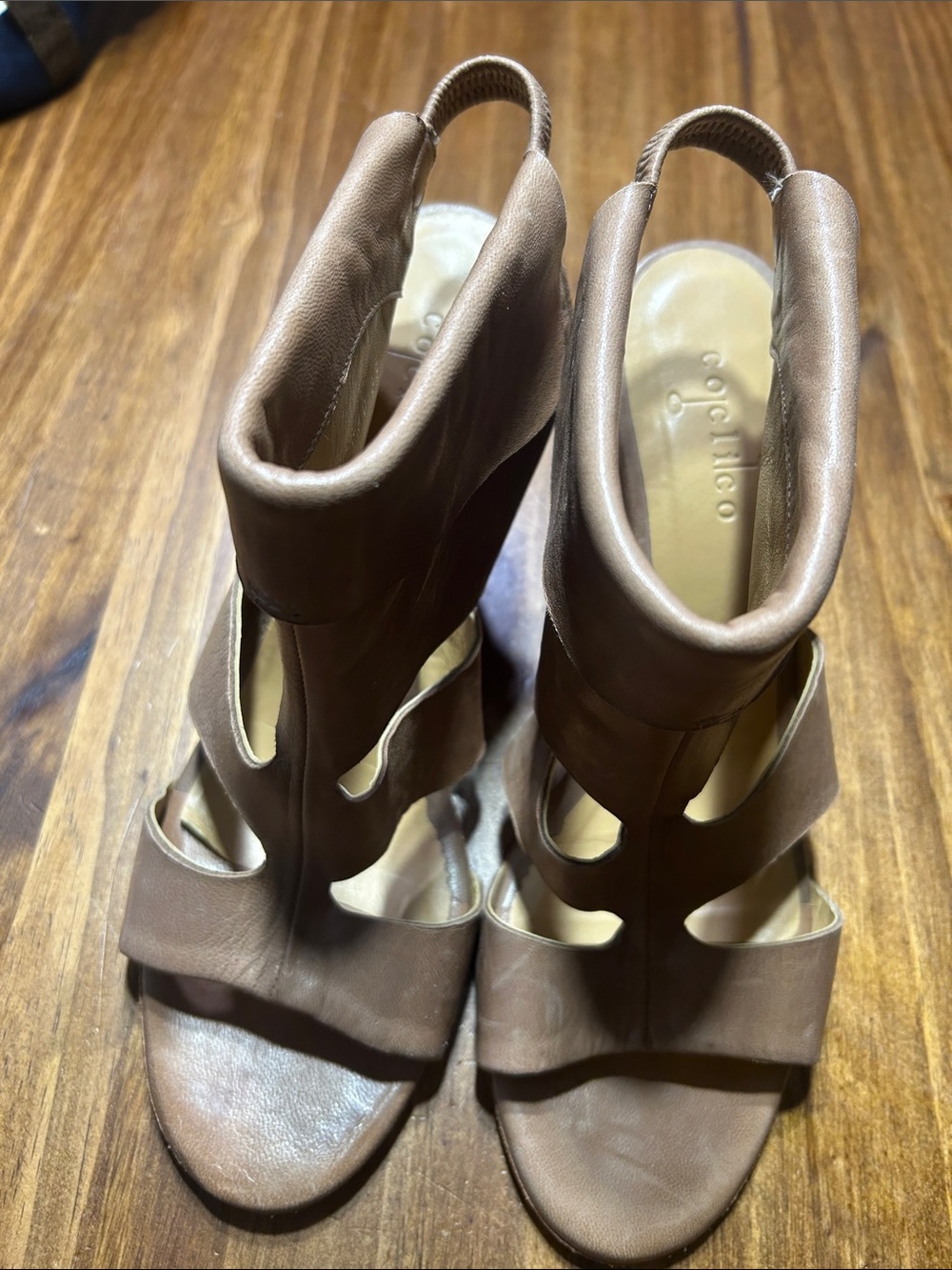 Coclico Brown Leather Cutout High Heel Sandals Ankle Cuff
